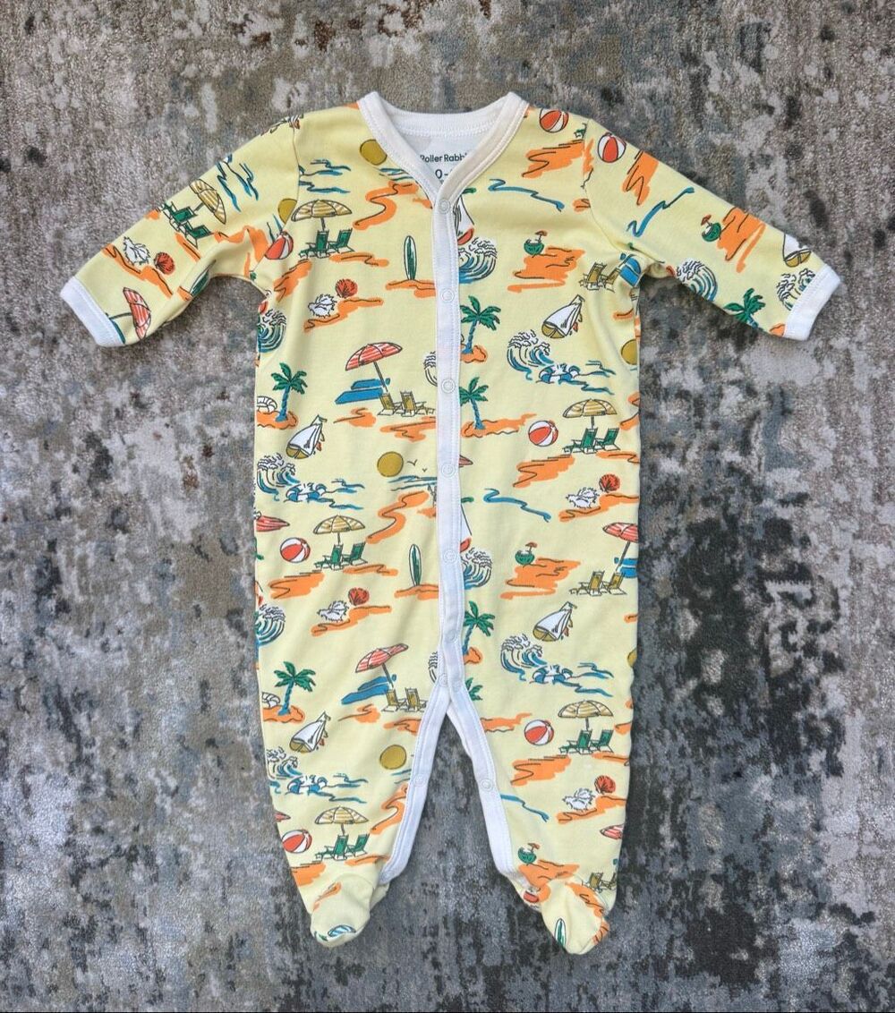 Roller Rabbit 0-3 Months Baby Yellow Beach Print Pima Cotton Footie Sleeper